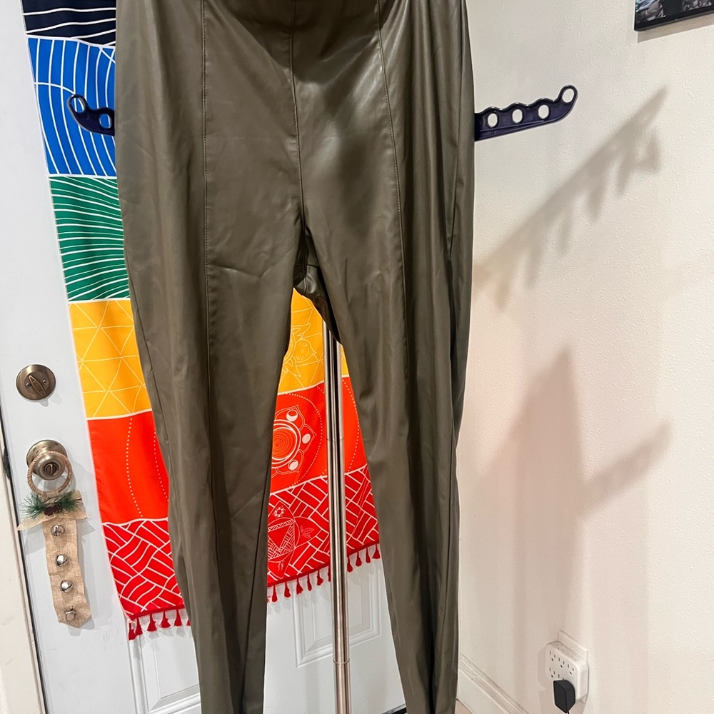 H&M Olive Green Faux Leather Riding Pants with seam